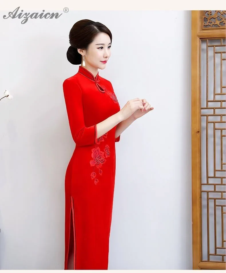 Зима вышивка бархат Cheongsam черный для женщин китайское традиционное платье Свадебные Qipao пикантные восточные Вечерние платья Длинные Qi Pao