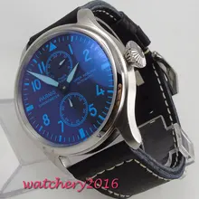 New arrive 47mm parnis BLack Dial Steel Case Blue mark Chronograph Power Reserve Luminous Leather Automatic movement mens' Watch New arrive 47mm parnis BLack Dial Steel Case Blue mark Chronograph Power Reserve Luminous Leather Automatic movement mens' Watch