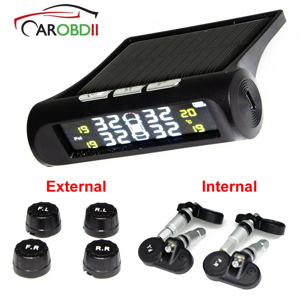 

2019 Car Tire Pressure Monitoring System TPMS Solar Power Wireless LCD Display 4 Internal External Sensor Auto Security Alarm