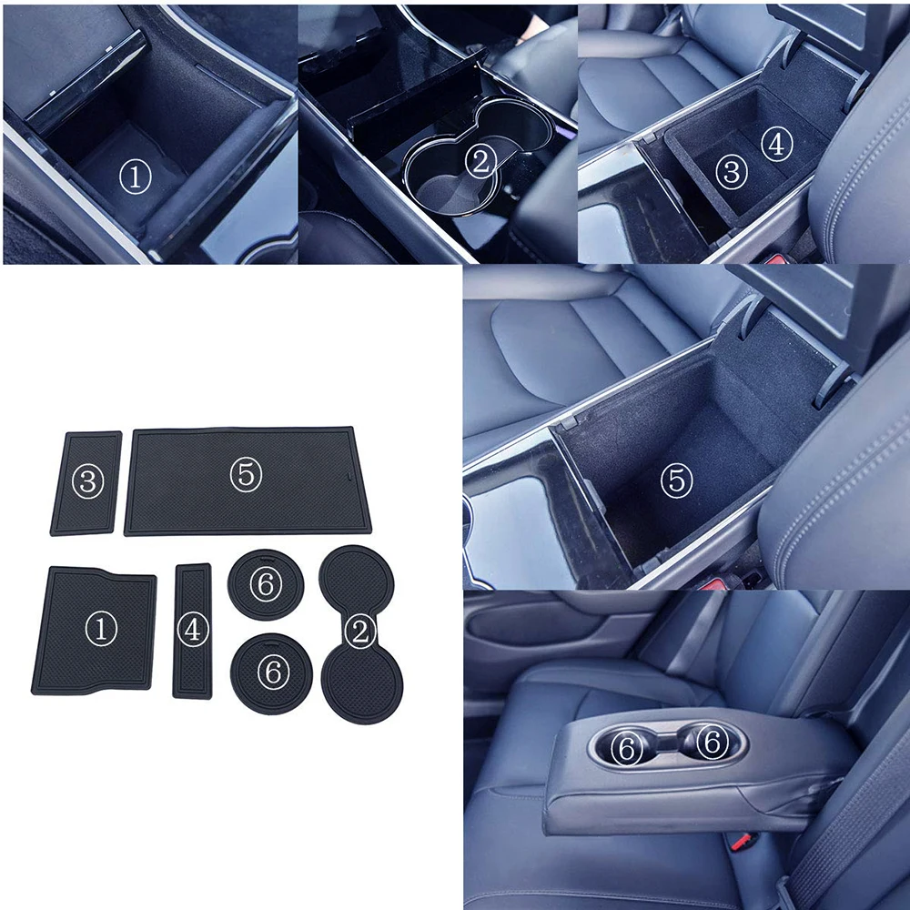 

Non-Slip Rubber Center Console Armrest Mats Cup Holder Liner Accessories for Tesla Model 3 2017 2018 2019 Black Car Accessories
