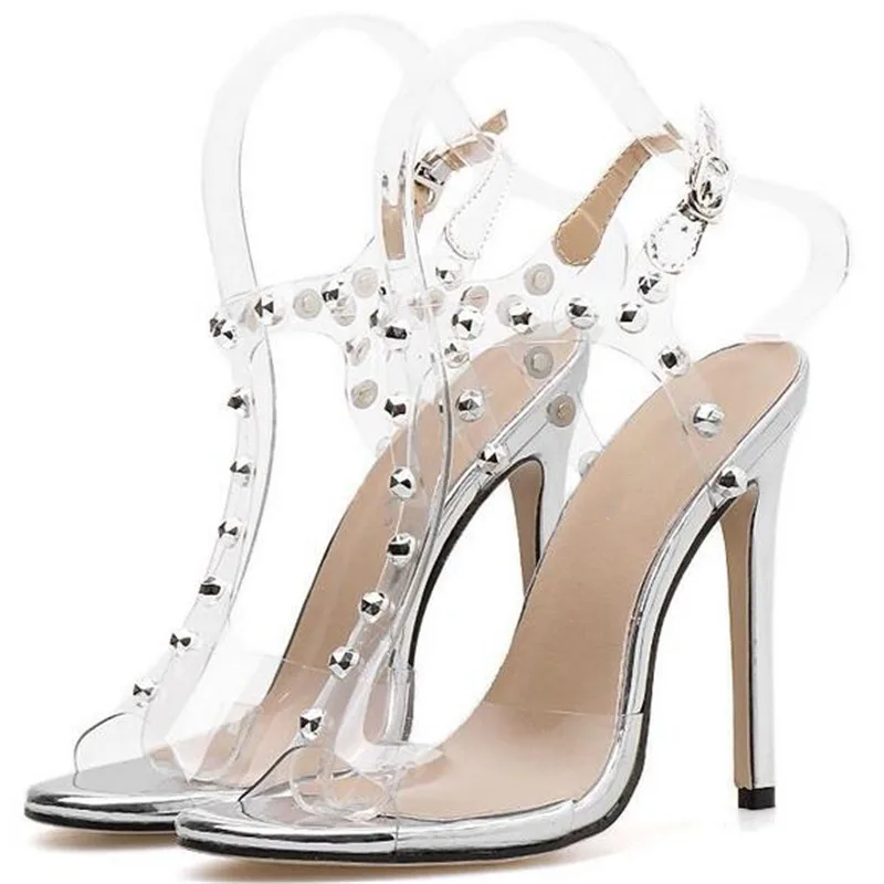 BAYUXSHUO/Новинка; женские босоножки на высоком каблуке в римском стиле; прозрачные босоножки из ПВХ на шпильках с Т-образными заклепками; Стильная летняя женская обувь для вечеринок