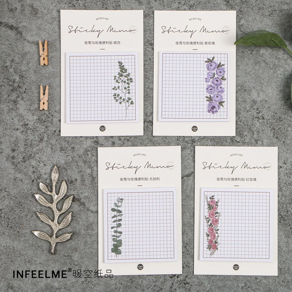 

AC01 30 pages/pack Romantic Rose Flower Grids Memo Pads Sticky Notes Planner Writing Sticker Student Stationery Notepad