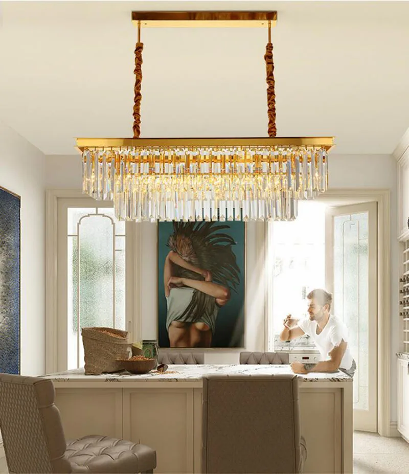 Прямоугольная Золотая люстра, хрустальные люстры для столовой, современные дизайнерские лампы, хрустальная лампа для гостиной, светодиодная лампа