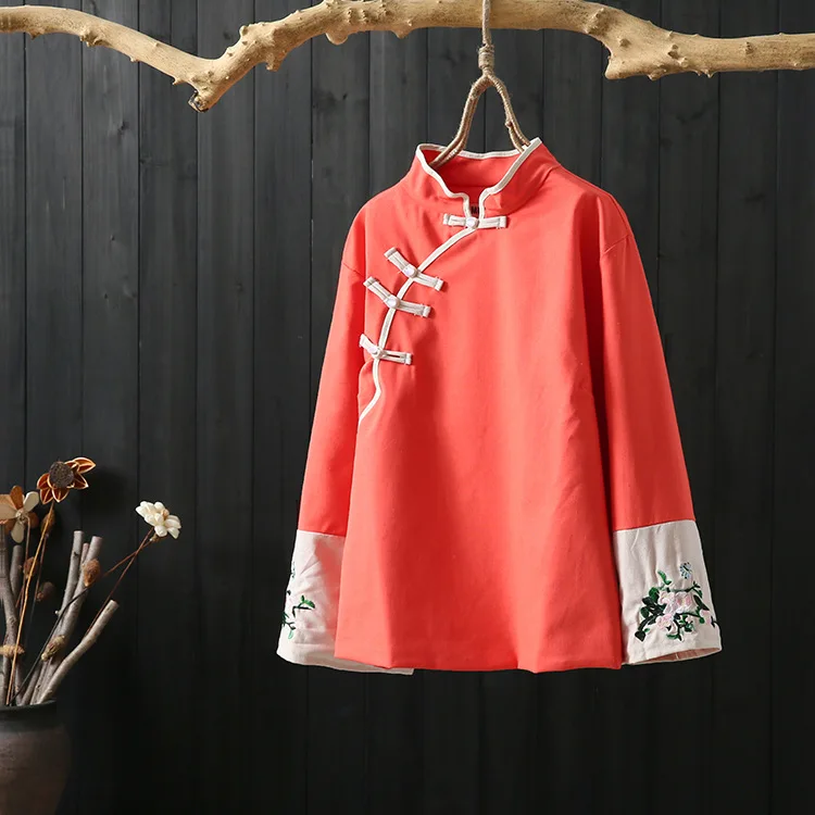 

New Republic China Spring Wind Classical Stand Collar Plate Buttons Embroidery Spell Color Shirt Female