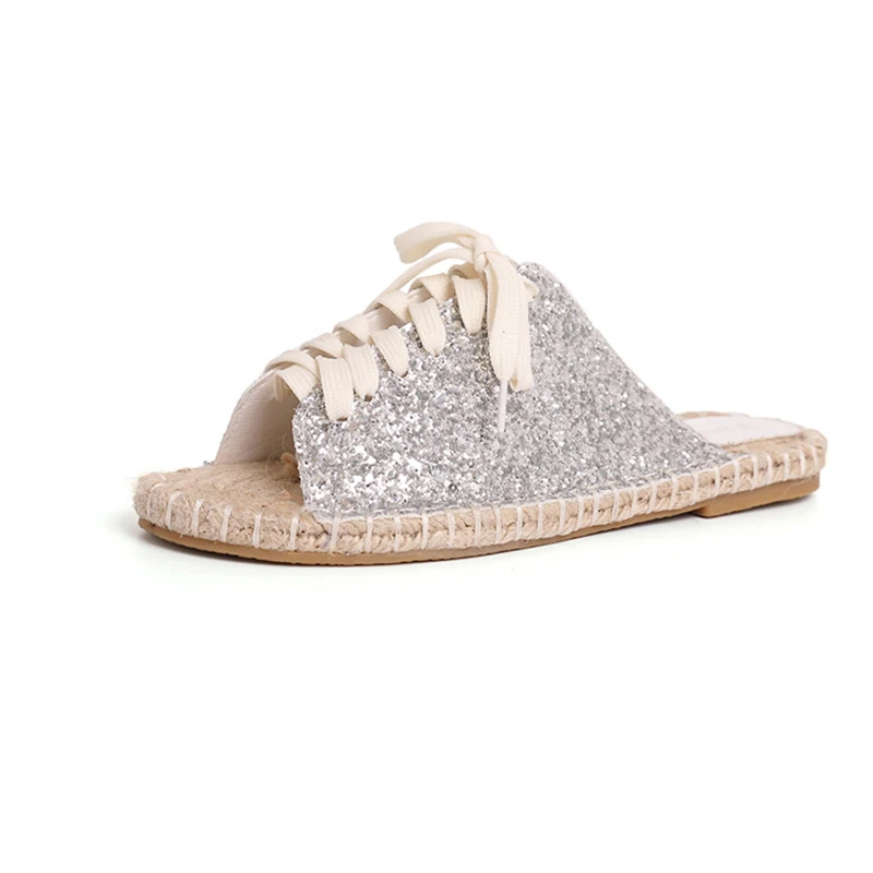 

Women's Slippers Fisherman Shoes 2019 Summer Fashion Sequins Straw Female Slippers Lace Up Woman Summer Shoes Non-Slip Slipper