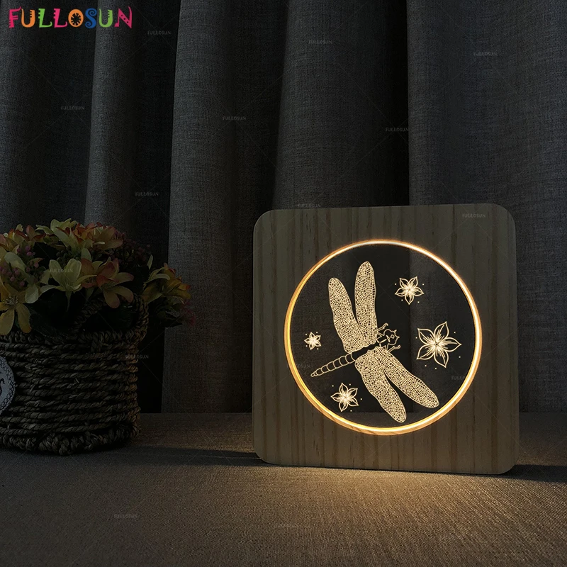 

Warm Color LED Wooden Lampara Light Nordic Style Indoor Desk Lamp Dragonfly Model 3D Night Lamp for Bedroom Decor