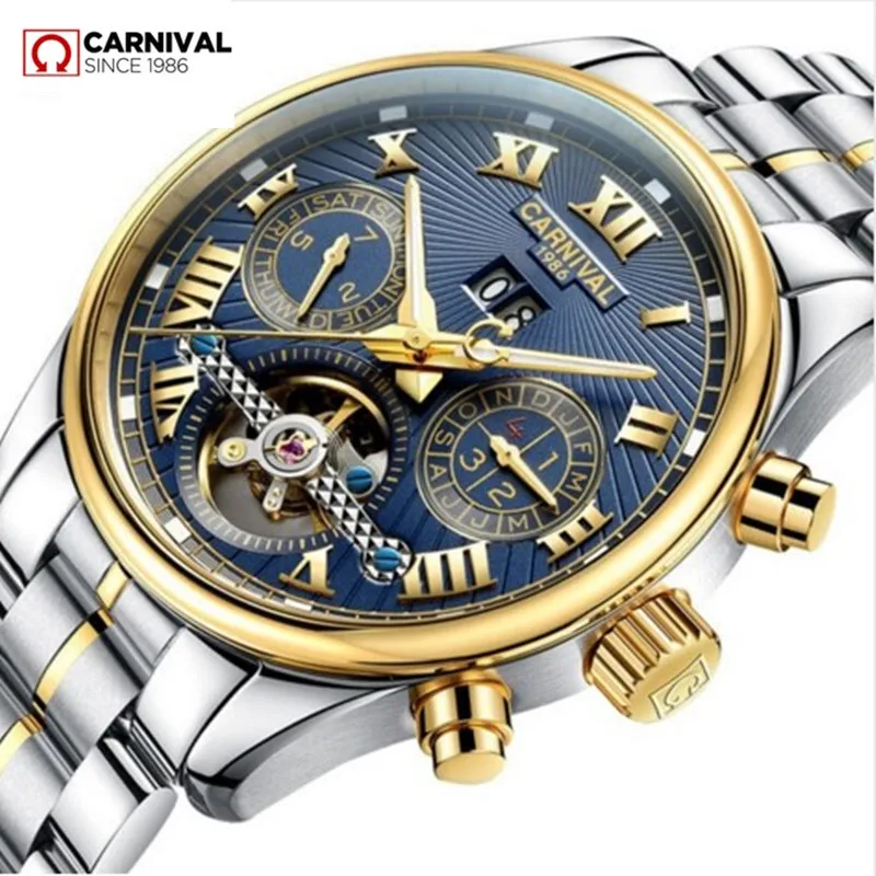 

Carnival tourbillon diving sport fashion mechanical watch men leather strap wrist watches luxury brand clock relogio reloj uhren