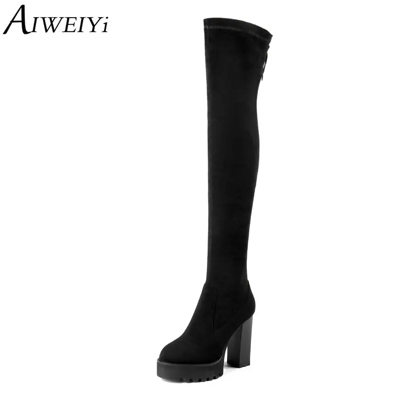 

AIWEIYi Black Over the Knee Boots for Women Round toe Square Heel Super High Heels Stretch Fabric Boots Long Boots
