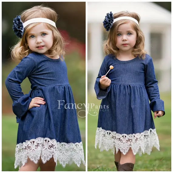 2017 New Baby Girl Denim Lace Dress For Spring Autumn Kids Children