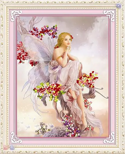 

Fairies silk ribbon embroidery 3D canvas painting satin cross stitch kit needlework handcraft gift DIY home deco wall stickers