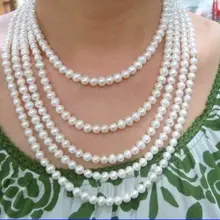 100 дюймов длинный 7-8 мм белый пресноводный жемчуг ожерелье ювелирные украшения для женщин Свадьба