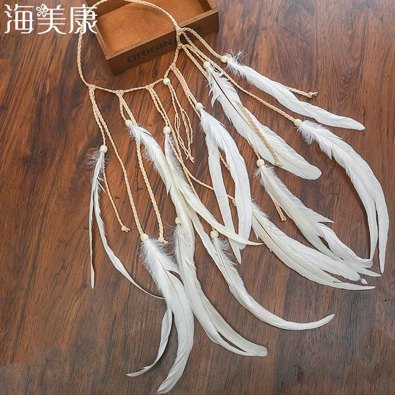 Haimeikang белый перо оголовье дамы Бохо головной убор аксессуары для волос ручной работы этнические Висячие повязка для волос с бисером