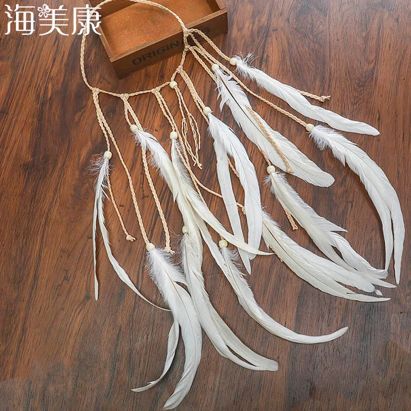 

Haimeikang White Feather Headband Ladies Boho Headdress Hair Accessories Handmade Ethnic Hanging Beads Hair Band