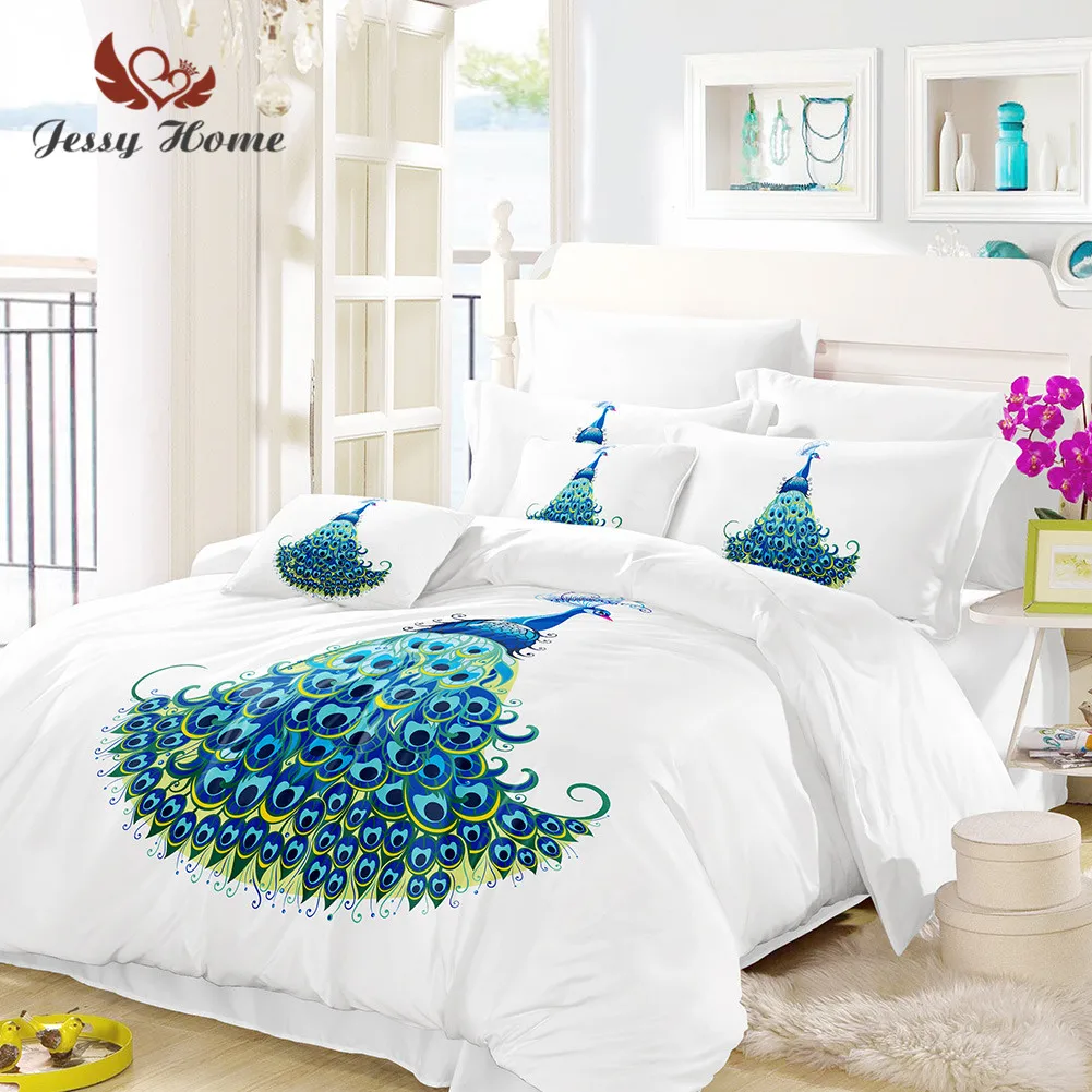 Peacock Bedding Set Queen Size Blue Bird Duvet Cover Animal Bed