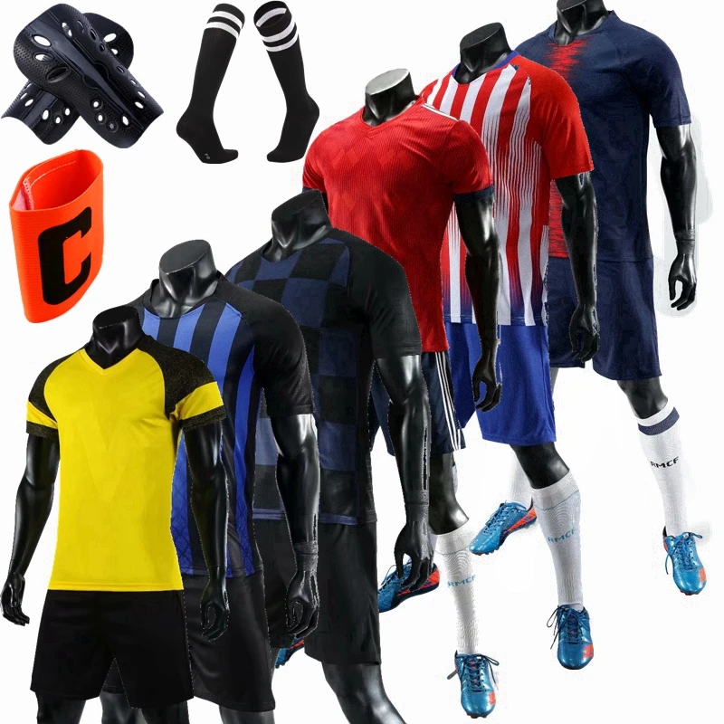 

Men Kids Soccer Jerseys Set Football kit Training Suits Uniform for blank custom Teens team game Sports with socks+Shin guards