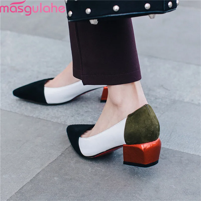 

Masgulahe 2019 new arrival women pumps suede leather shoes pointed toe mixed colors single shoes square heels woman dress shoes