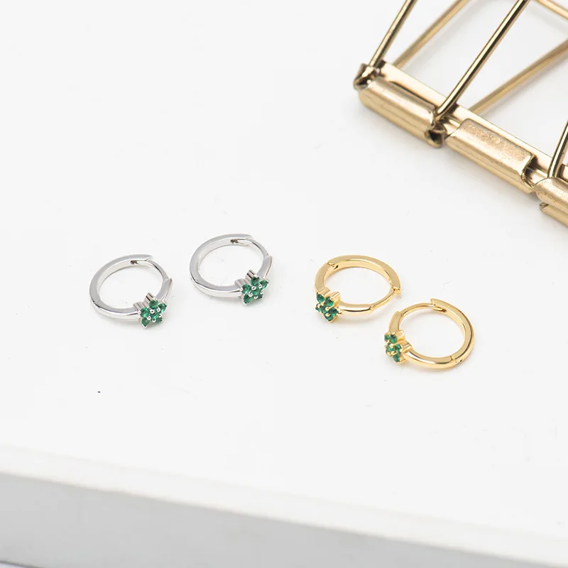 

Korean Green Zircon Cherry Blossoms 925 Sterling Silver White Gold Hoop Earrings Ear Buckle Earring For Women Fashion Jewelry