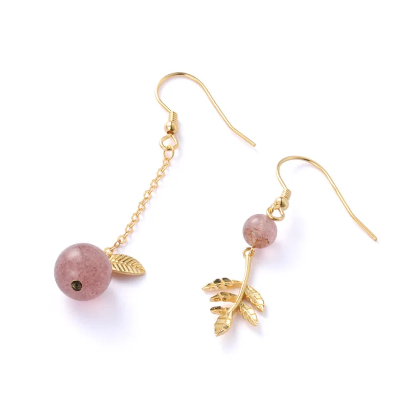 Asymmetric Tree Natural Strawberry Quartz 925 Silver Dangling Earrings