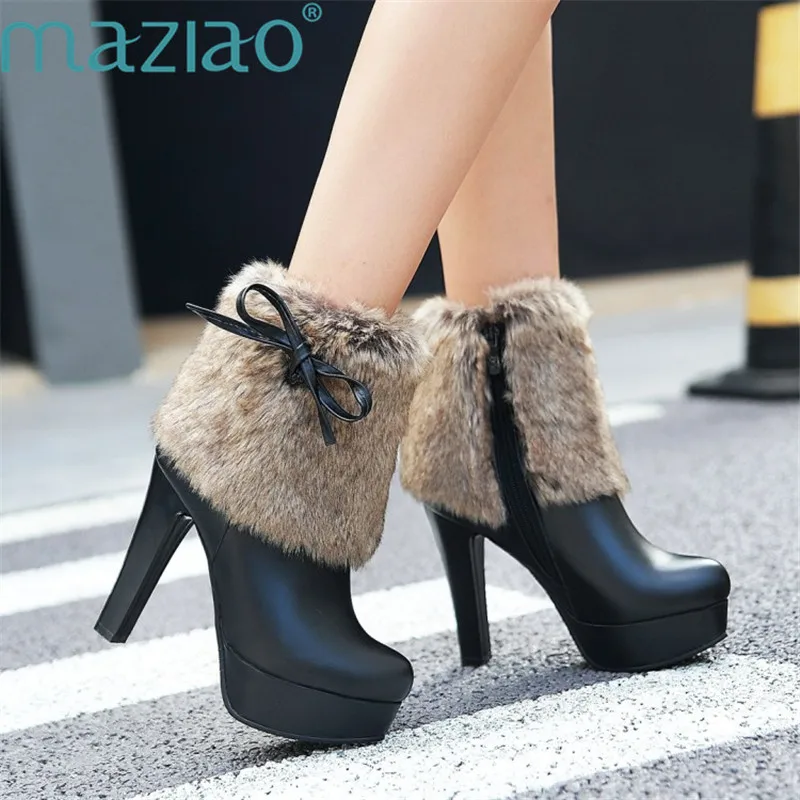 

Ankle Boots Platform High Heels Female Zipper Shoes Fluffy Shoes Short Boot Casual Butterfly-knot Ladies Footwear MAZIAO