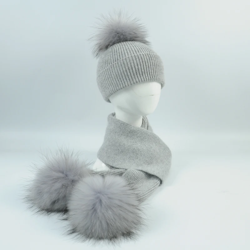 Kids Hat and Scarf Set New Fashion Children's Knit Beanie Hat Scarf Set Real Raccoon Fur Pom Pom Soft Baby and