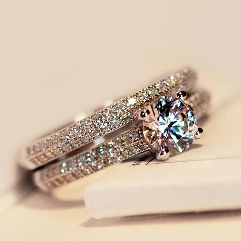 Vecalon 3 colors Lovers ring Set 5A Zircon Cz Gold Filled 925 silver Engagement wedding Band rings for women Bridal Jewelry