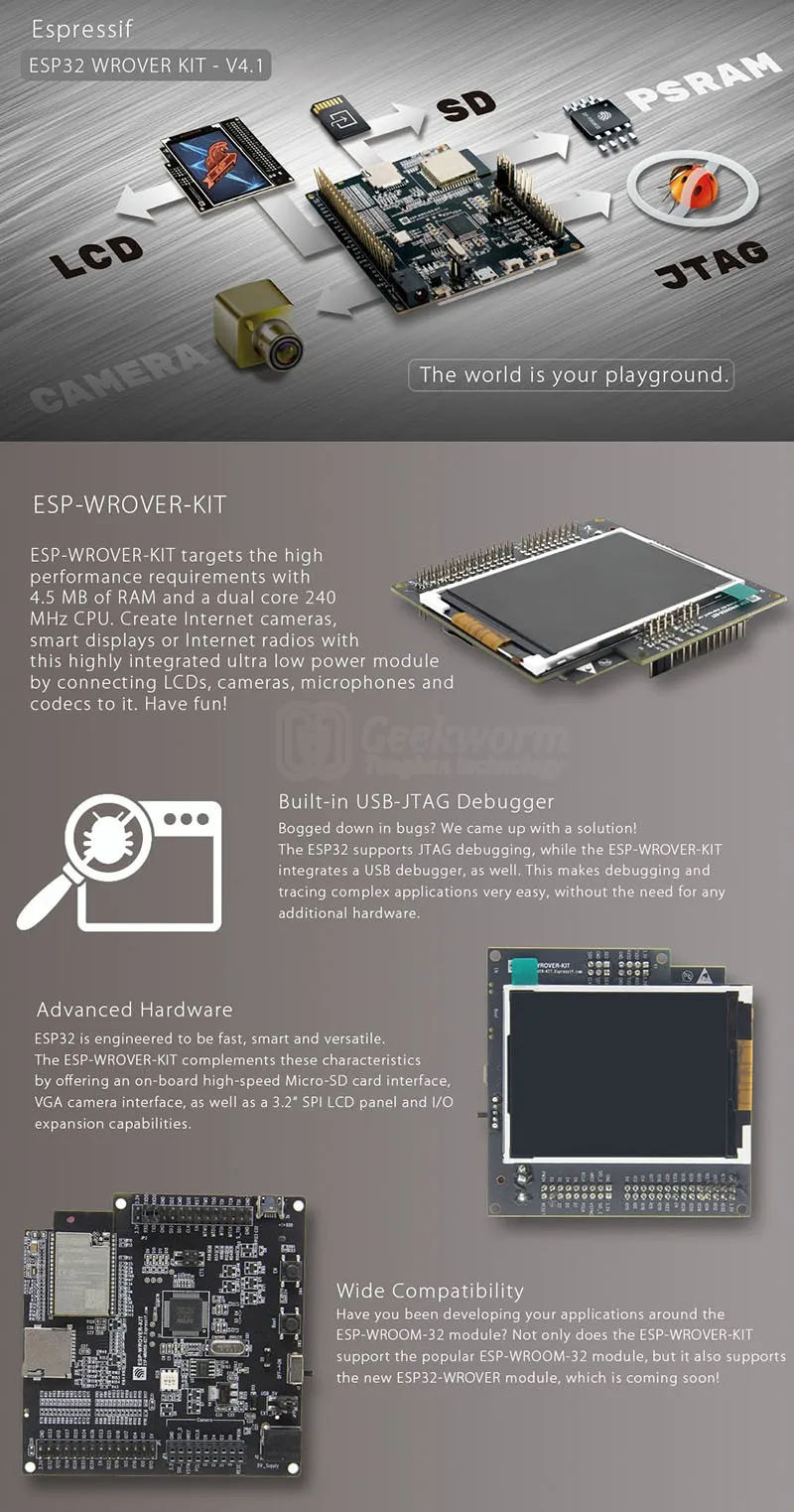 ESP-WROVER-KIT ESP32 V4.1 макетная плата с 3,2 дюймовым ЖК-экраном+ WiFi+ беспроводной Bluetooth двухъядерным процессором 240 МГц