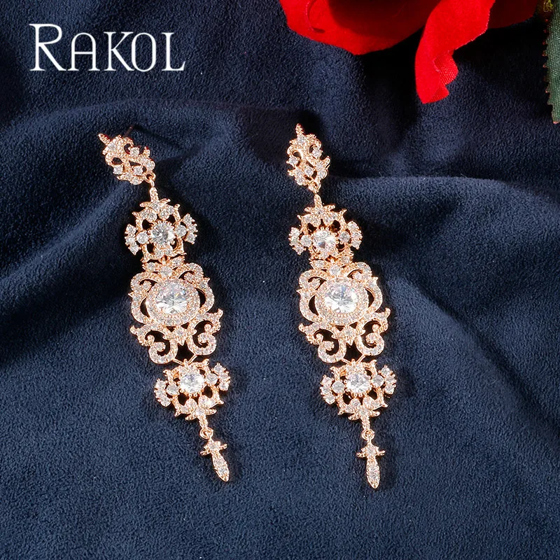 

RAKOL Luxury AAA Cubic Zircon Flower Pattern Long Bridal Earrings For Women Girl Wedding Dress Jewelry Accessories RE62311K