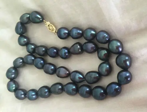 

HOT 003521 12-13mm baroque tahitian black green pearl necklace