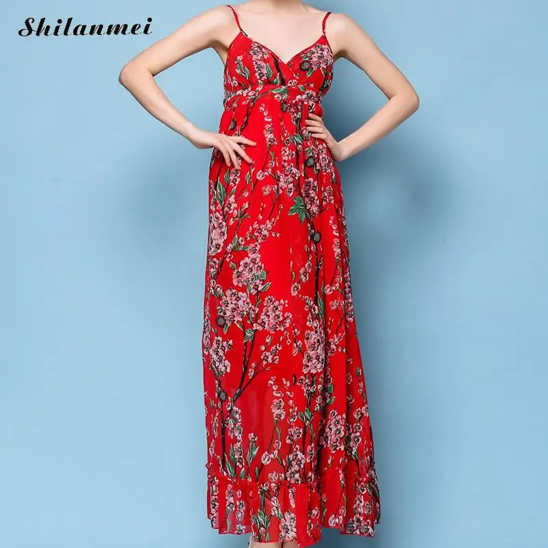 Red Floral Printed Bohemian Beach Dress 2018 V Neck Spaghetti Strap