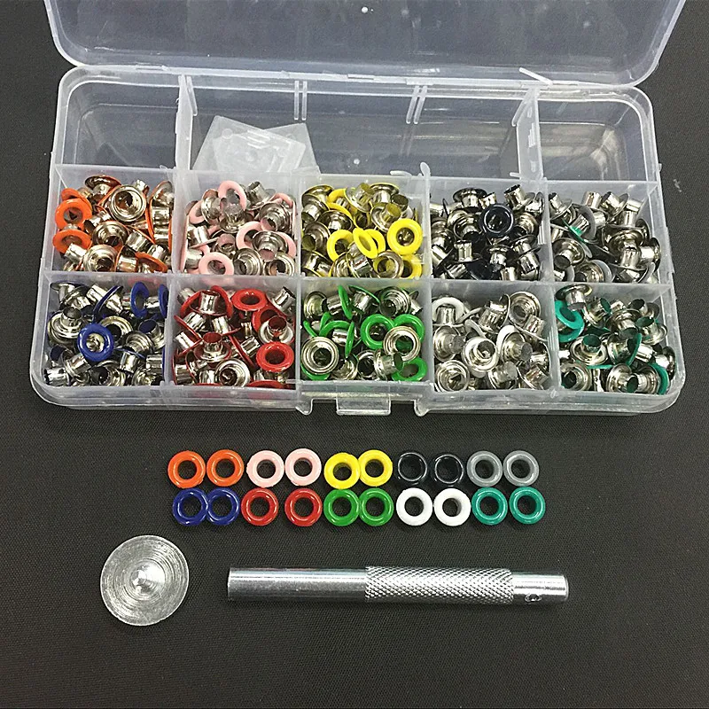 

1Set Button Tool+1pc Storage Box+500pcs/lot 10 Colored 5mm Metal Garment Eyelets Corns Buckle Sewing Bag Shoes DIY Leather Craft