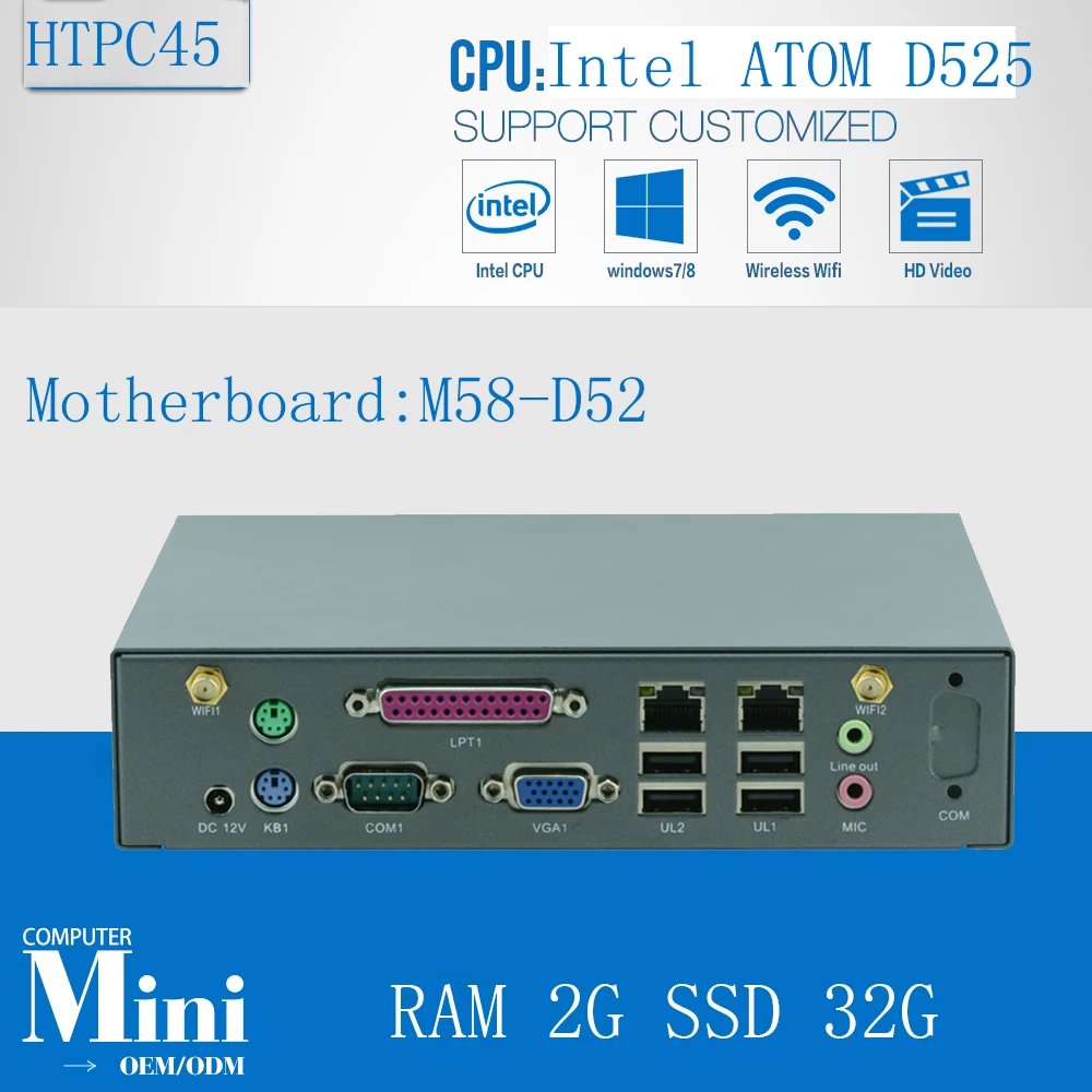 Mini pc small size pc ATOM D525 2G RAM 32G SSD support Home Premium and embedded