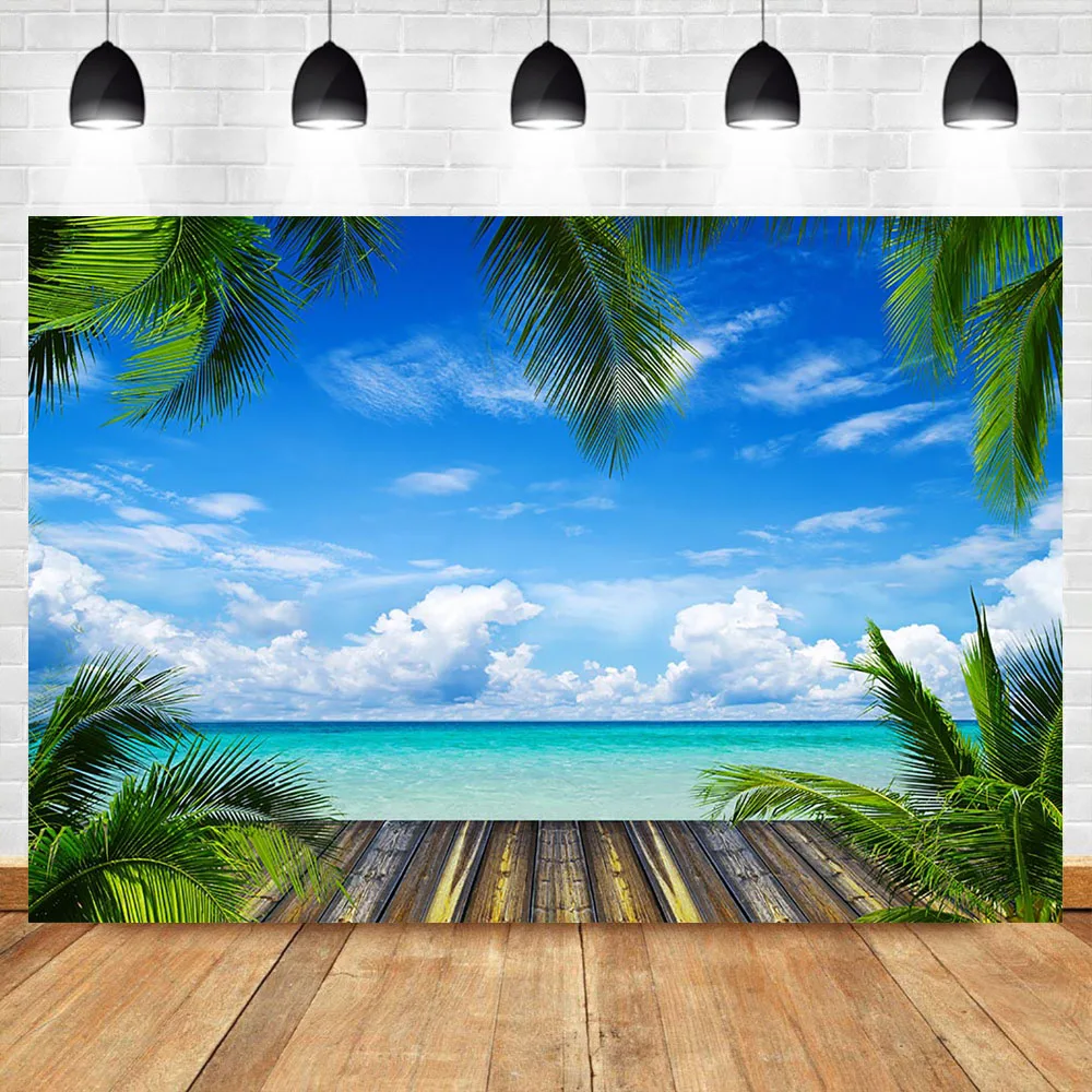 

Sea Summer Beach Photography Backdrop Seaside Tropical Tree Blue Sky Backdrops Hawaii Summer Party Background Party Studio Props