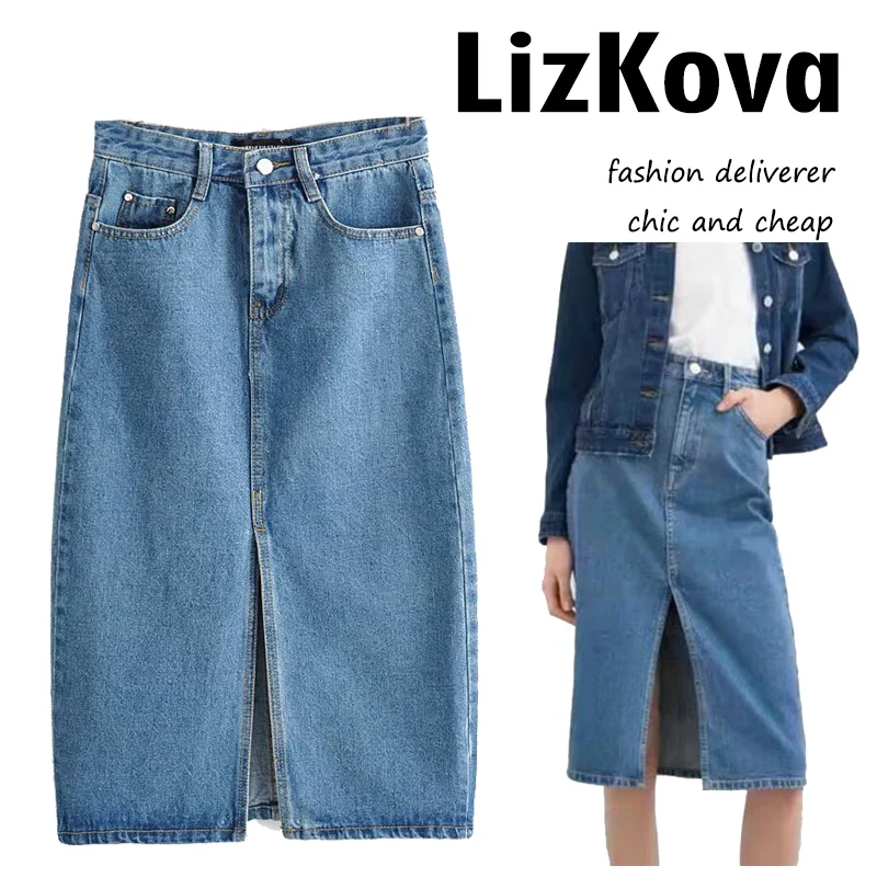 Offerte 2019 Dell annata di Estate Blu Denim Gonne Delle Donne A Vita Alta Jean Gonna Dritta Anteriore Split Gonne e Pantaloni Cowboy di Modo di Stile Streetwear