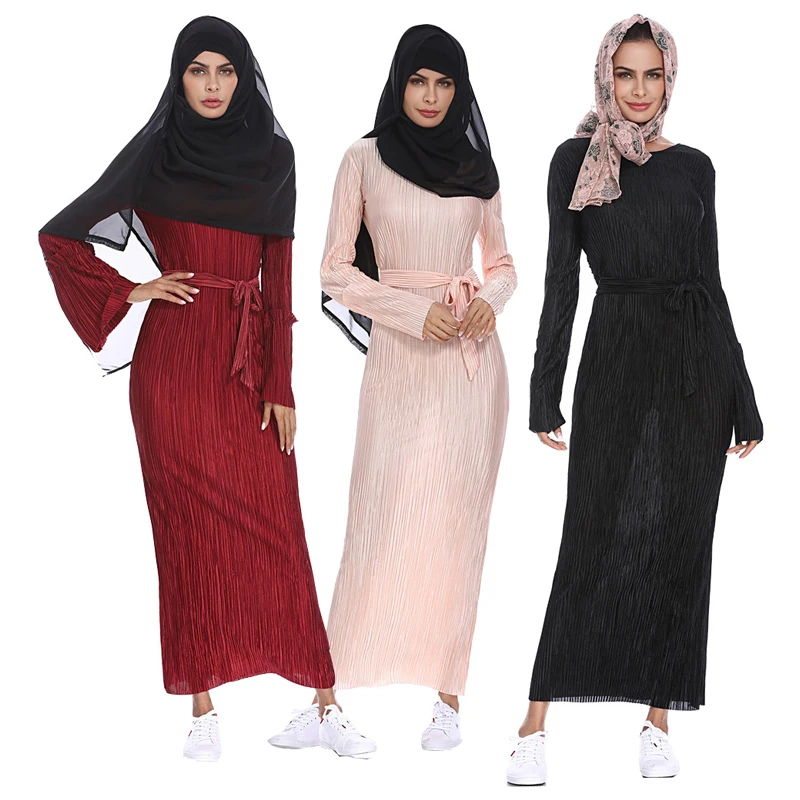 

Vestidos Longo 2019 Kaftan Abaya Dubai Islam Bandage Bodycon Pleated Muslim Hijab Dress Women Elbise Turkish Islamic Clothing