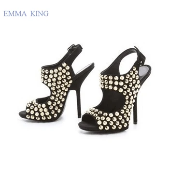 

Botines Mujer 2019 Suede Rivets Studded Thin High Heels Buckle Strap Open Toe Runway Shoes Woman Black Gladiator Sandals Boots