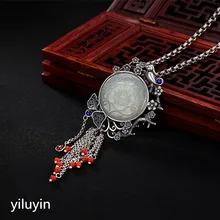 KJJEAXCMY Fine jewelry S990 чистое серебро Павлин выдолбленная мозаика нефрит Голубой песок камень Гонконг нефрит кулон