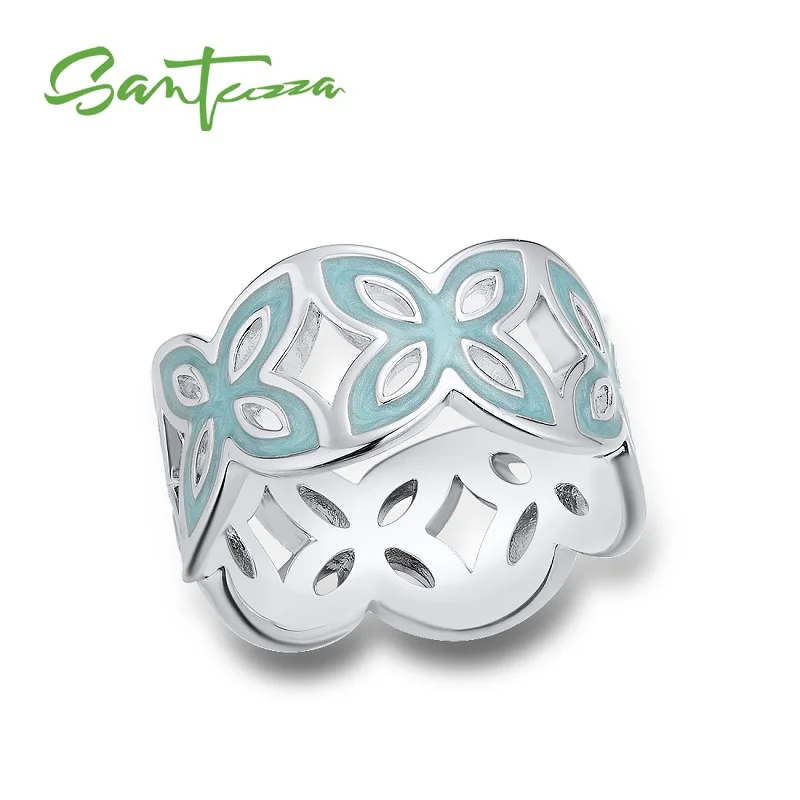 White Rhodium(Blue) SANTUZZA элегантное кольцо для женщин Гламурное многоцветное элегантное цветочное полое кольцо модное ювелирное изделие ручной работы с эмалью - Цвет основного камня: White Rhodium(Blue)