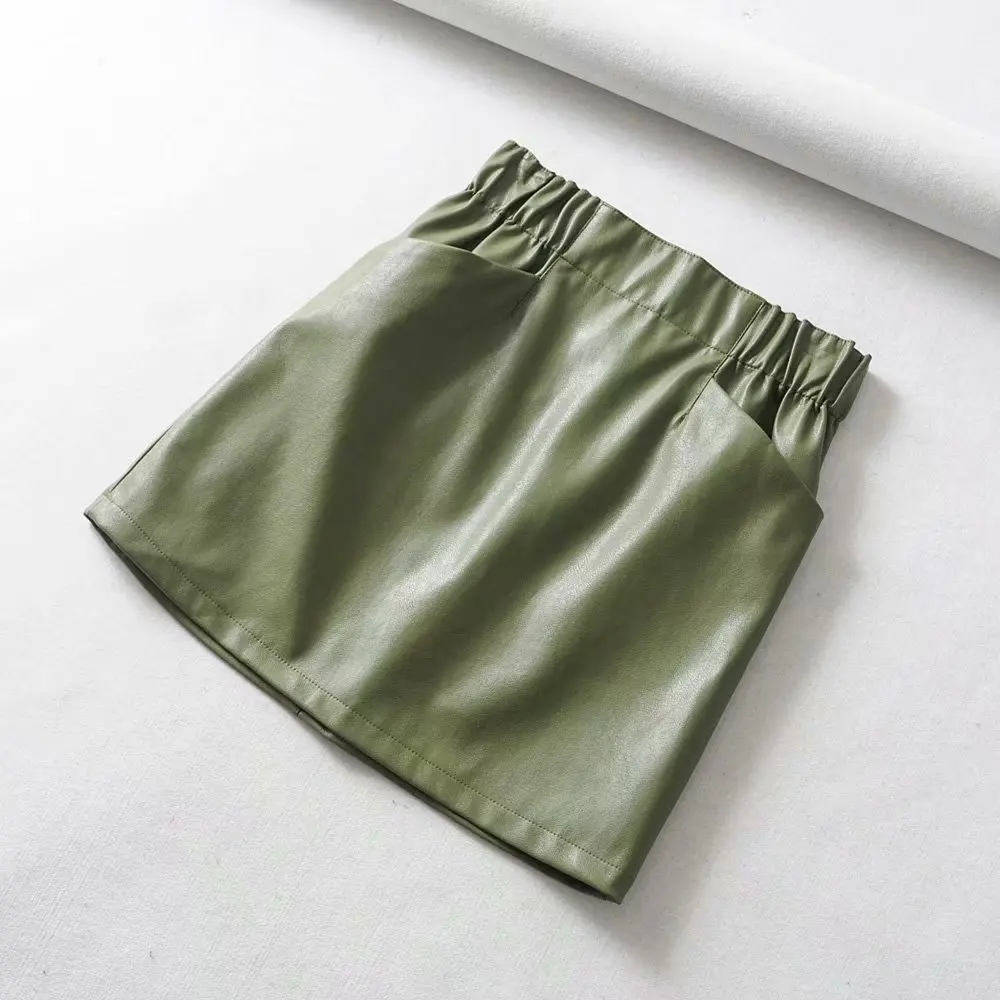 Women Skirts Above Knee Mini Women's double pocket elastic waist PU Faux leather skirt Jupe Femme Faldas Mujer