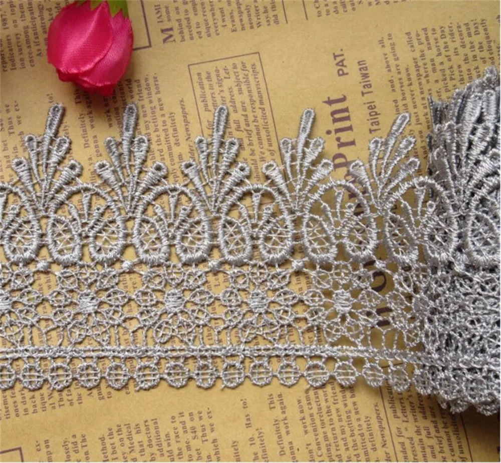 

2 Yard Gray Flowers Embroidered Lace Edge Trim Ribbon Applique Fabric Sewing Craft Crochet Vintage Wedding Bridal Dress DIY