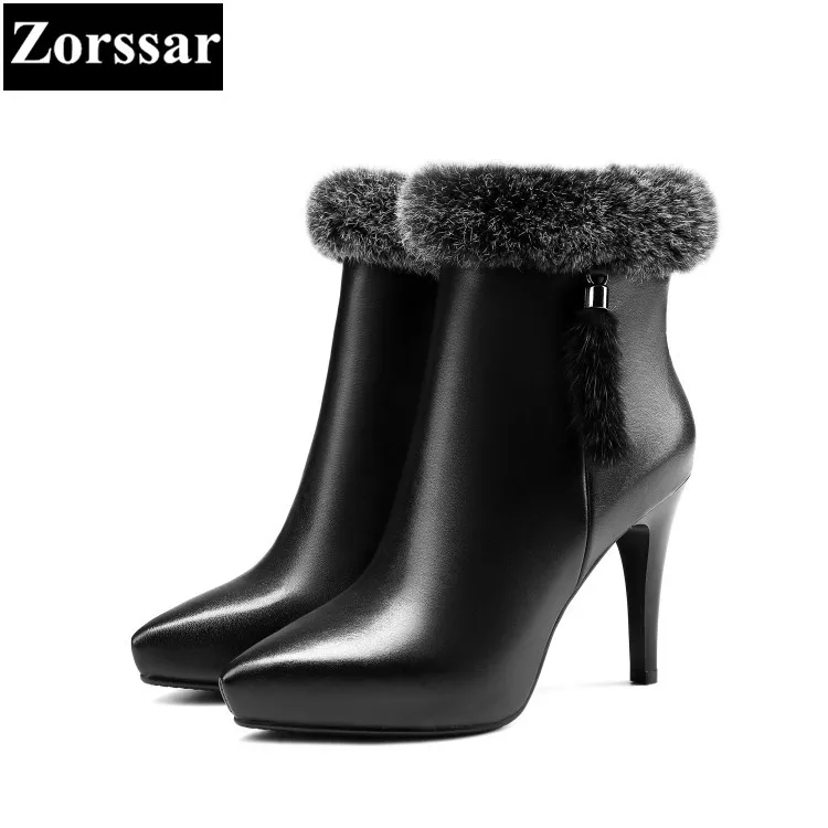 

{Zorssar} Luxury brand ladies shoes pointed Toe thin heels ankle boots Fashion Rabbit hair Leather High heels womens snow boots
