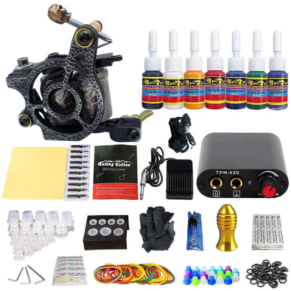 

Solong-Stigma 1 Professional Gun Tattoo Kit Power Supply Needle Grips tip 7 color ink set TK105-48