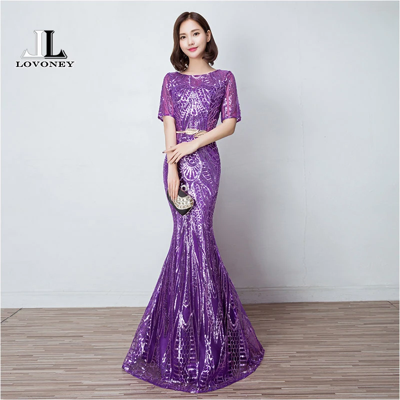 LOVONEY 2019 Sexy Mermaid Evening Dress Half Sleeves Golden Evening Dresses Long Formal Party Gown Vestido De Festa M216 LOVONEY 2019 Sexy Mermaid Evening Dress Half Sleeves Golden Evening Dresses Long Formal Party Gown Vestido De Festa M216