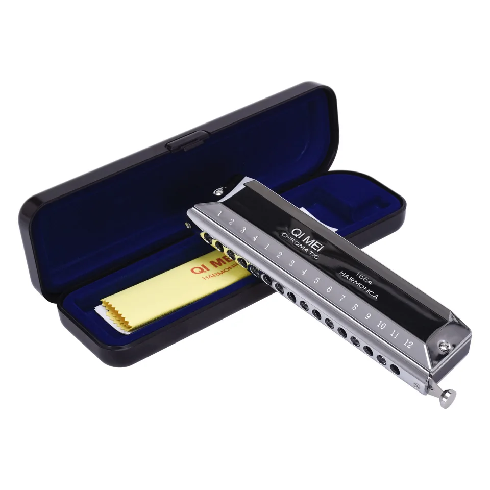 

QIMEI High-end Chromatic Harmonica 16 Holes 64 Tones silvery Laser Proceeded Woodwind Musical Instrument Harmonica QM16A