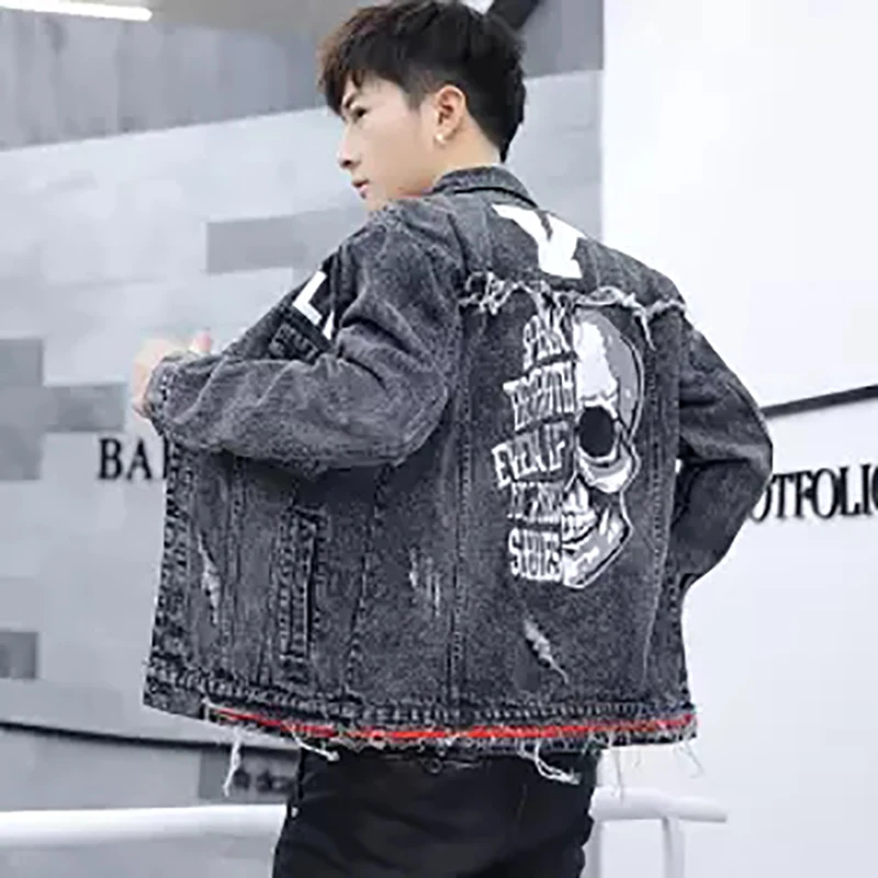 Jacket Men Hip-Hop Skull Print patchwork Denim jacket coat Men jacket Man Man Hip Hop Tape Hole loose Coat The Beggar Damage Jacket Men Hip-Hop Skull Print patchwork Denim jacket coat Men jacket Man Man Hip Hop Tape Hole loose Coat The Beggar Damage
