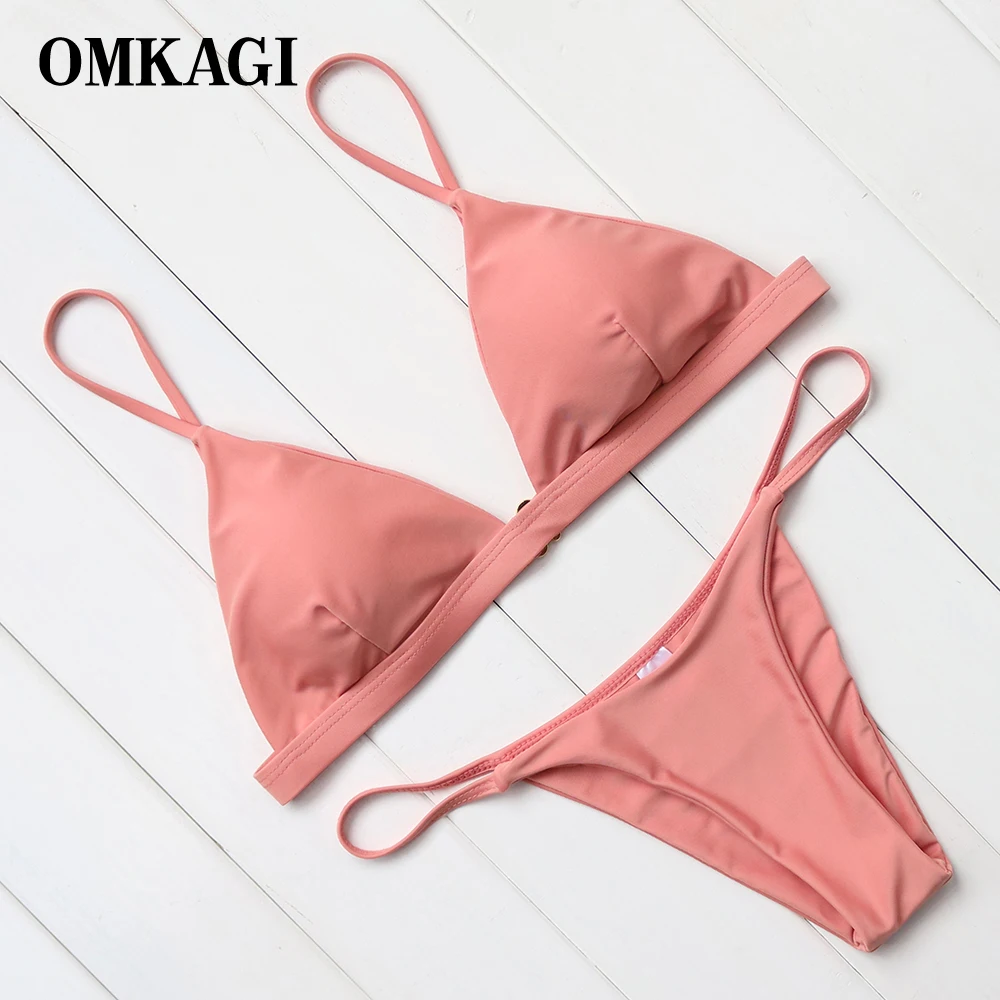 OMKAGI Brand High Quality Pink Orange Bikinis Women Low Waist Brazilian Padded Bikinis Set Swimwear Women