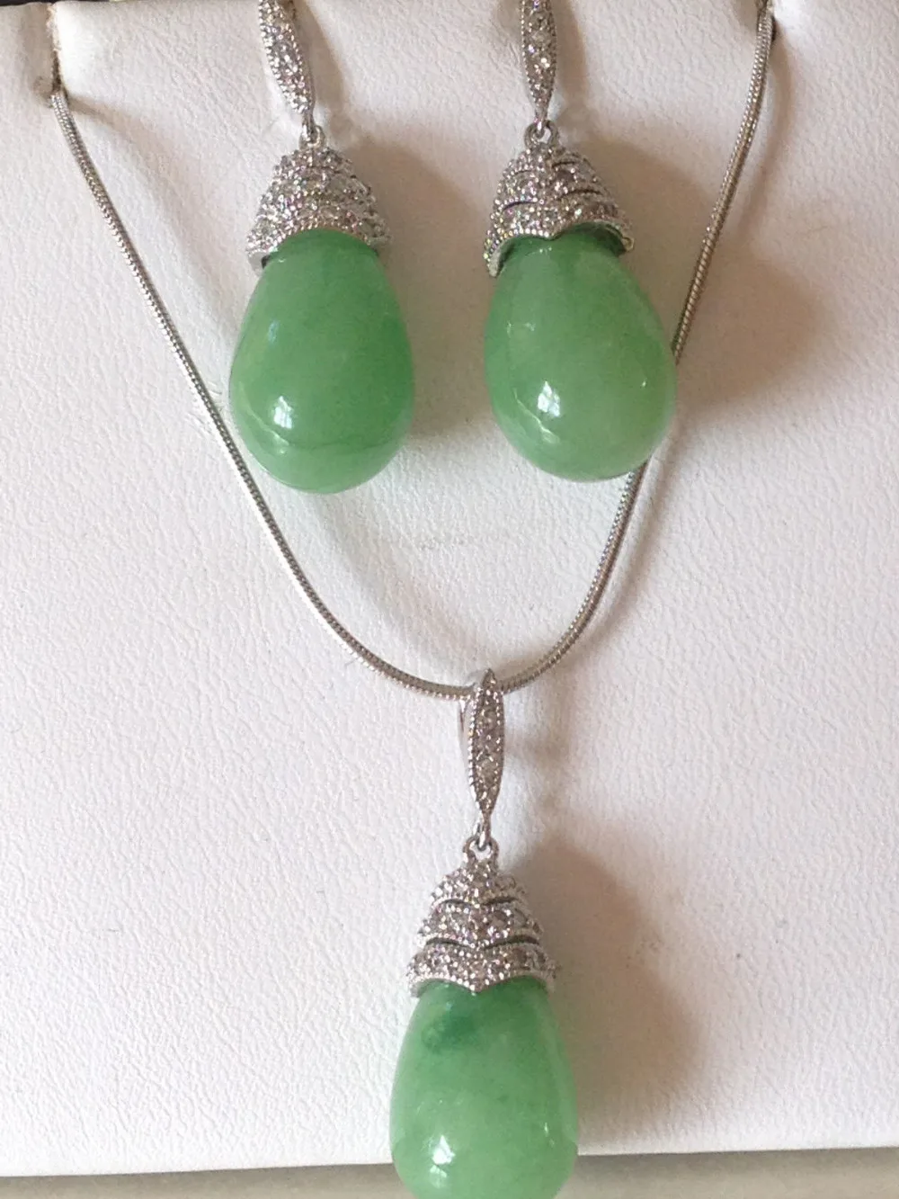

1815 Green Jade Pendant with Matching Earrings in Paved