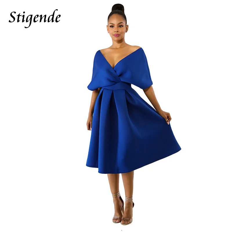 

Stigende New Women A-line Midi Dress High Waist Backless Deep V Neck Dress Solid Color Sexy Back Zipper Swing Dress Vestidos