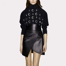 Tracksuits Time-limited Full 2017 Spring New Fashion Suit Handmade Bead High Collar Sweater + Slim Leather Skirt Two Sets