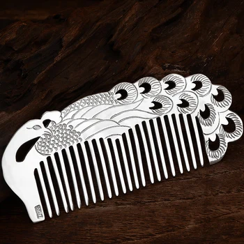 

Pure Sterling Silver Women Stamped Carved Peacock Hair Comb With Certificate