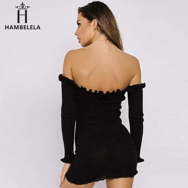 Hambelela Women Autumn Ruffle Knitted Dress Off Shoulder Tunic Dress Sexy Winter Long Sleeve Bodycon Club Party Sweater Dresses (5)